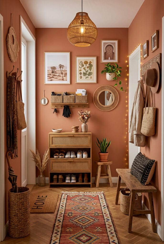 Meuble à chaussures compact et paniers de rangement dans une entrée organisée et fonctionnelle