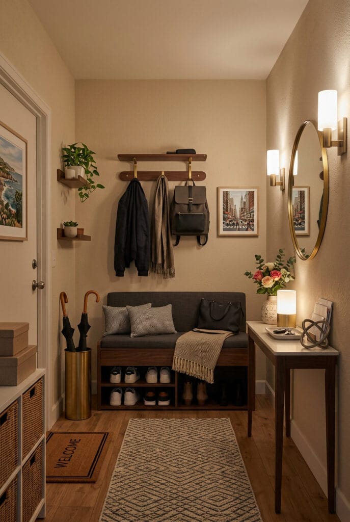 Banquette avec rangements intégrés dans une entrée pour s'asseoir et stocker chaussures et accessoires