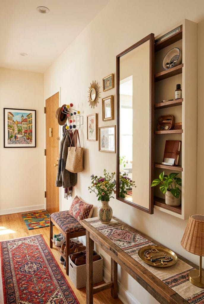 Miroir avec étagères intégrées dans une entrée alliant praticité et décoration pour les objets du quotidien