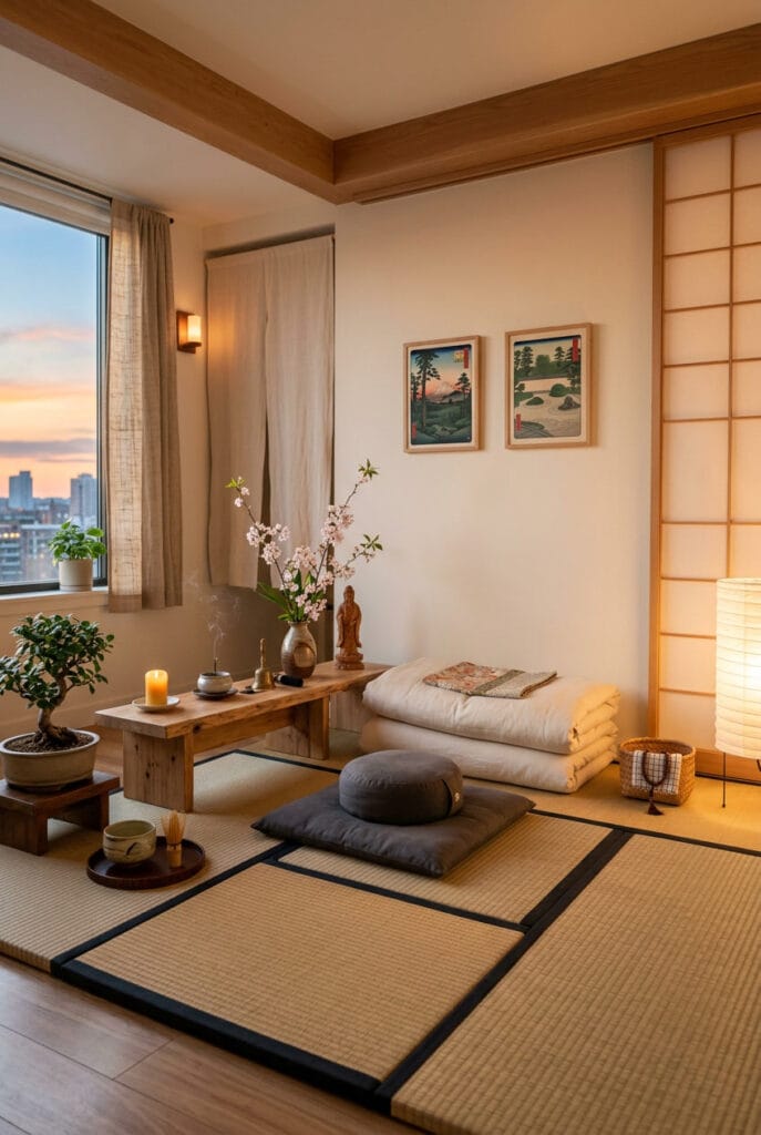 Décoration japonaise avec tatami en paille de riz et futon
