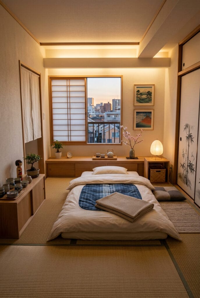 Décoration japonaise avec futon roulé pour optimiser l'espace