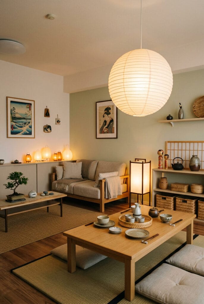 Décoration japonaise avec lampes et lanternes en papier washi