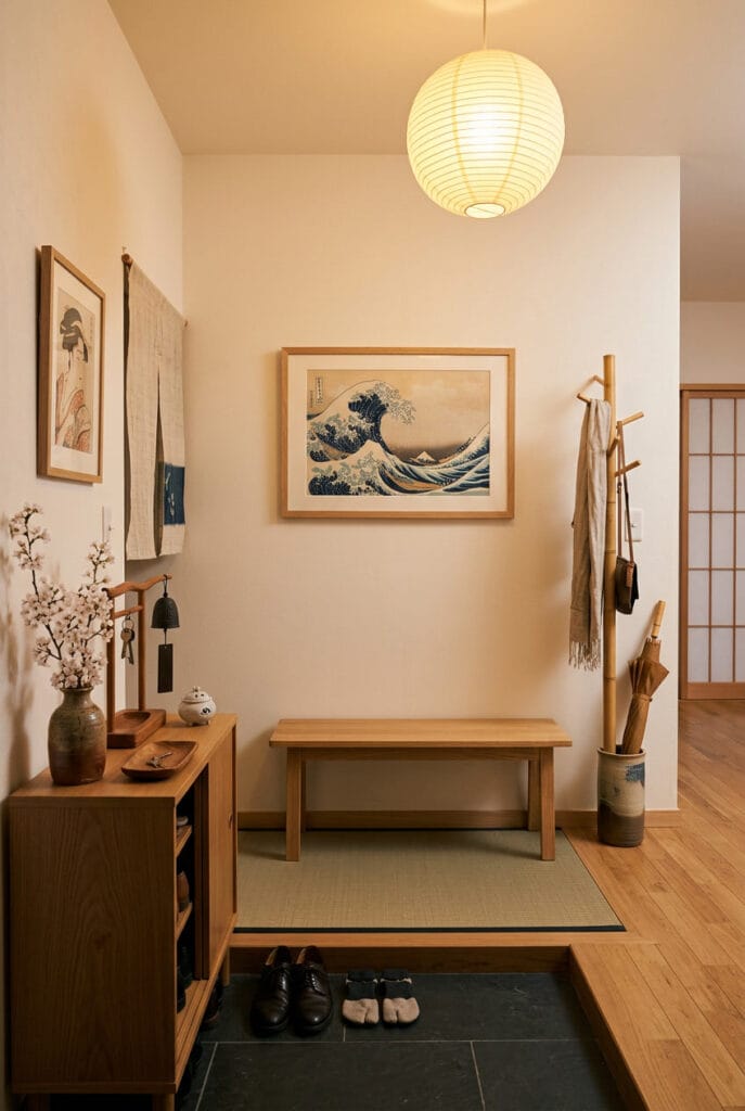 Décoration japonaise avec tableaux épurés et cadres en bois naturel