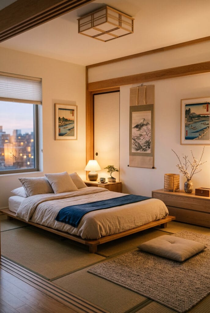 Décoration japonaise dans une chambre sereine avec futon et tatami