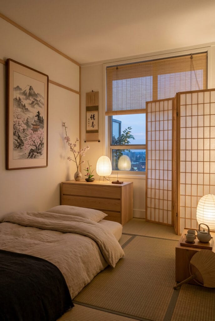 Décoration japonaise avec mobilier minimaliste et éclairage doux en chambre