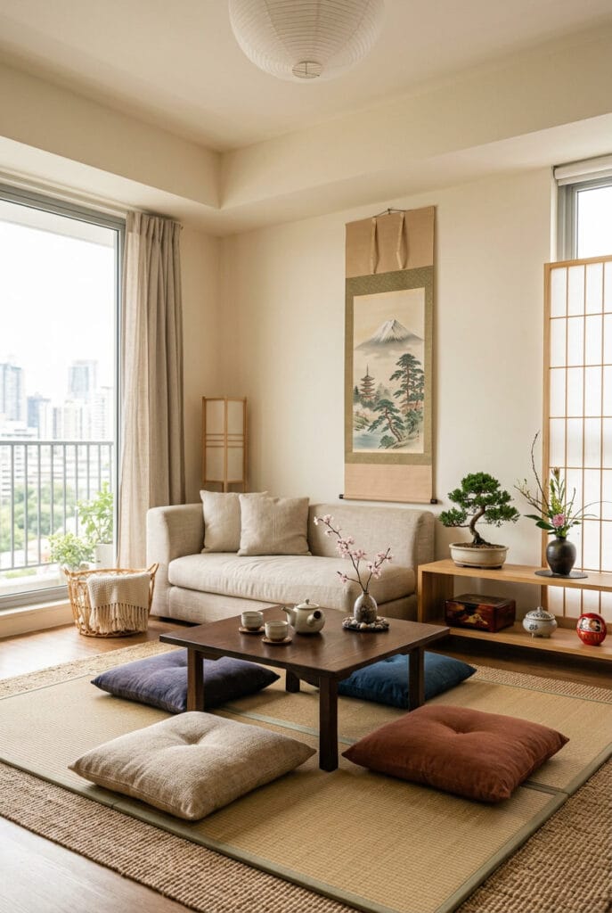 Décoration japonaise dans un salon avec table chabudai et coussins zabuton