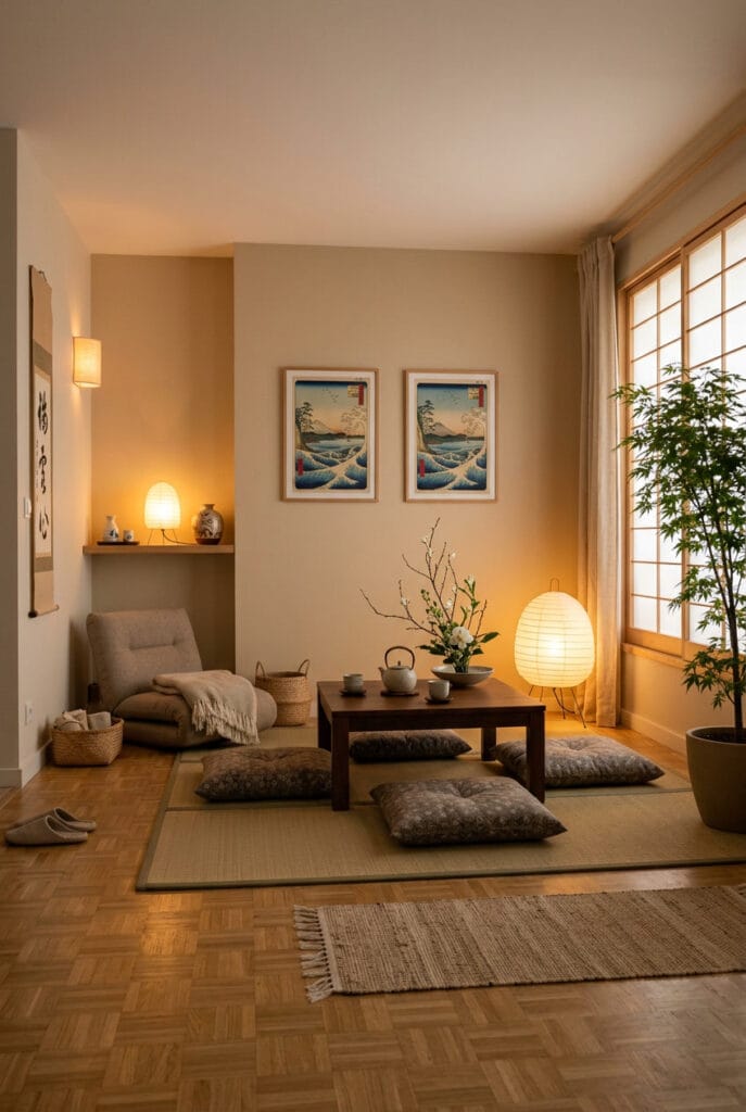 Décoration japonaise avec matériaux naturels, ikebana et plantes vertes