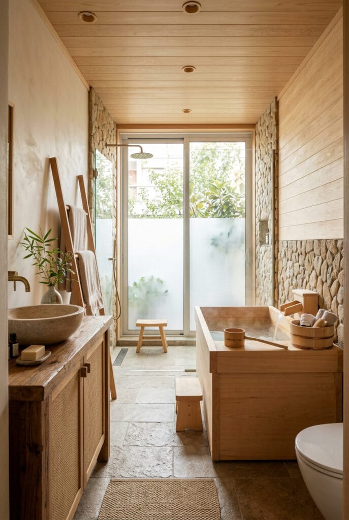 Décoration japonaise dans une salle de bain avec baignoire ofuro