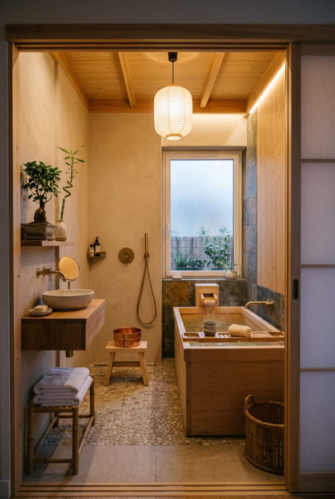 Décoration japonaise avec accessoires minimalistes et bonsaï en salle de bain