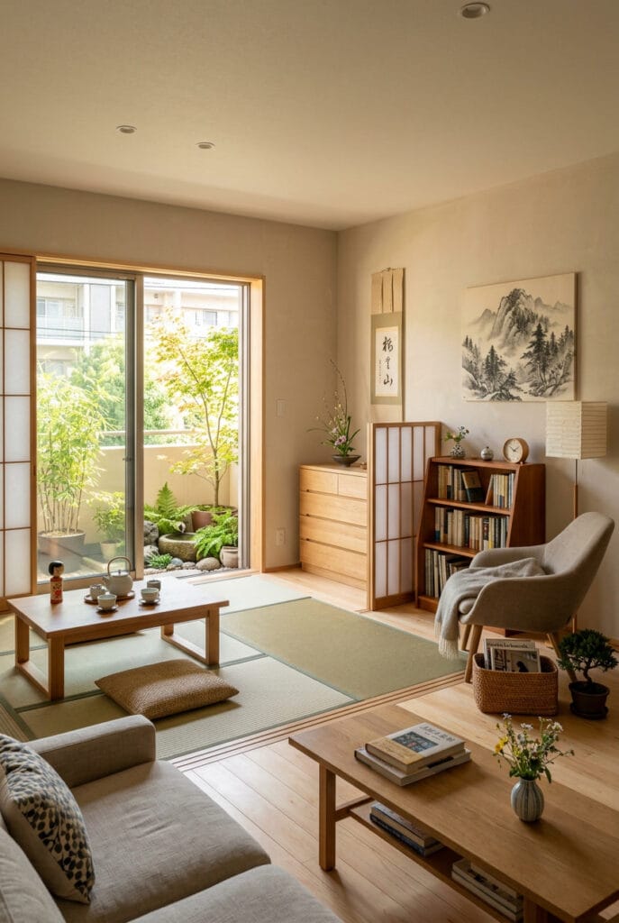 Décoration japonaise minimaliste inspirée de la nature avec plantes et pierres