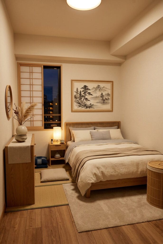 Décoration japonaise aux teintes naturelles et neutres, beige et écru