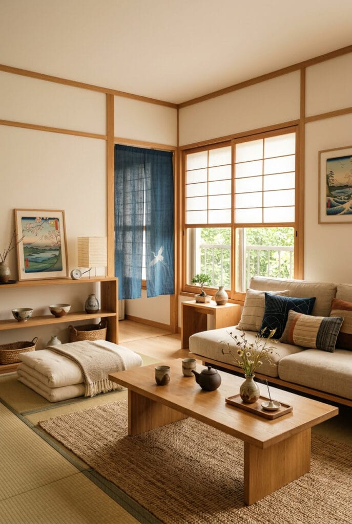 Décoration japonaise avec tissus traditionnels en lin et coton