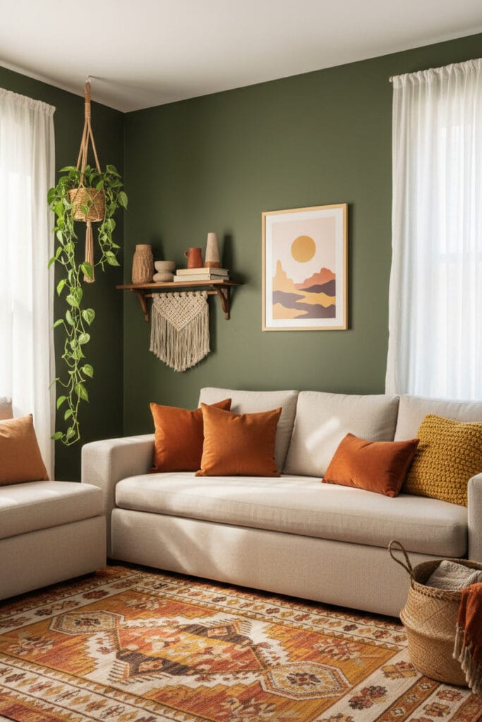 Salon boho clair avec peinture murale vert olive profond, canapé lin crème et décoration terreuse, baigné de lumière