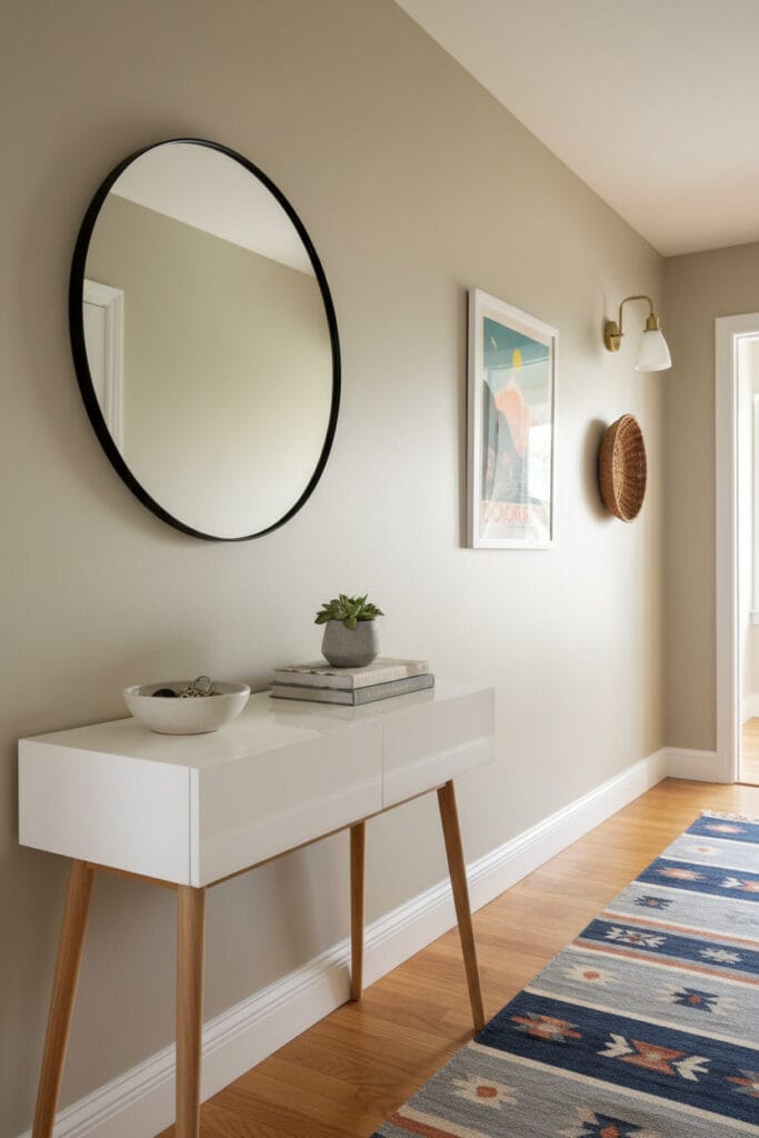 Couloir lumineux avec peinture murale grège satinée, console pratique, miroir et touches de couleurs cosy.