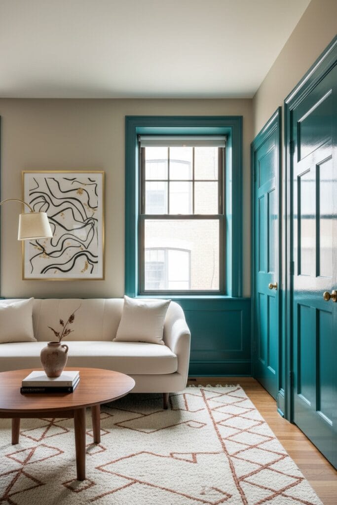 Salon d'appartement avec murs grège satiné, encadrements de portes et fenêtre en bleu-vert brillant, canapé crème et touches chaleureuses.