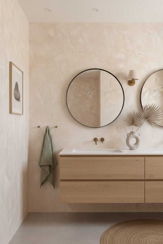 Salle de bain apaisante avec enduit décoratif stucco blanc chaud, vanité en chêne, miroir rond et touches de vert sauge.