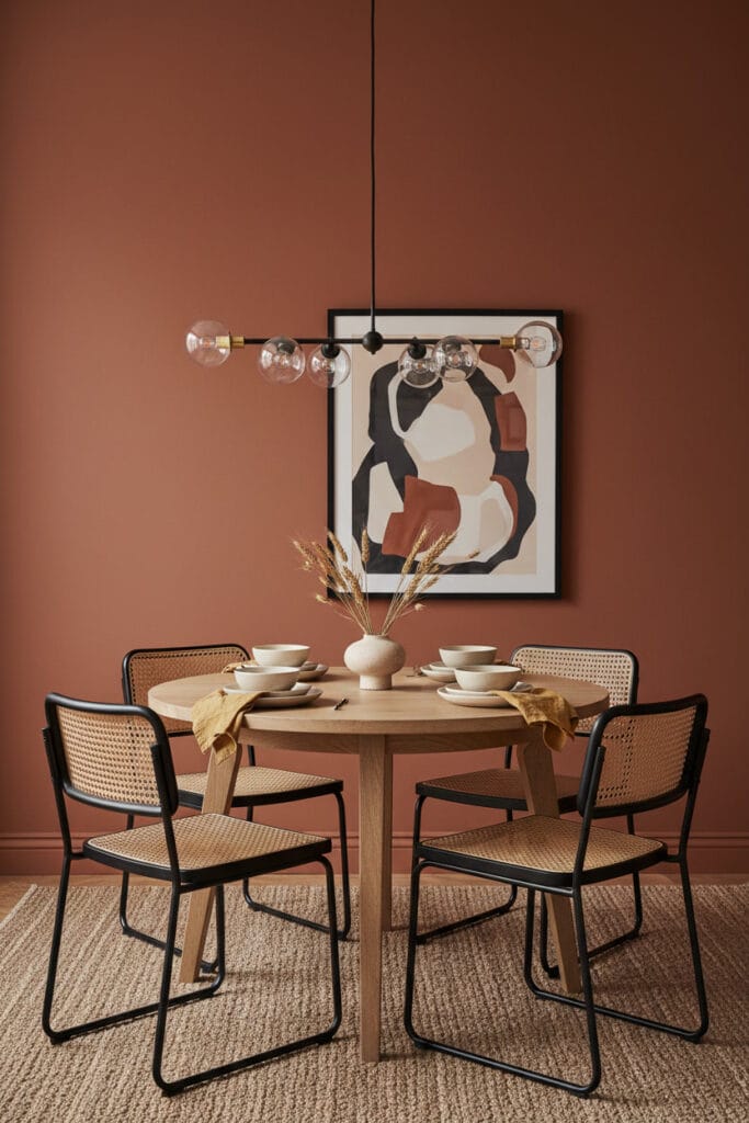 Coin repas harmonieux avec peinture murale terracotta, table en frêne clair, chaises noires et cannage, et décoration naturelle.