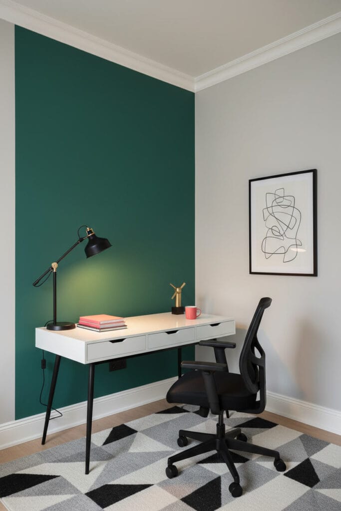Bureau à domicile avec murs gris clair, mur d'accent vert émeraude, bureau blanc et accessoires colorés corail.