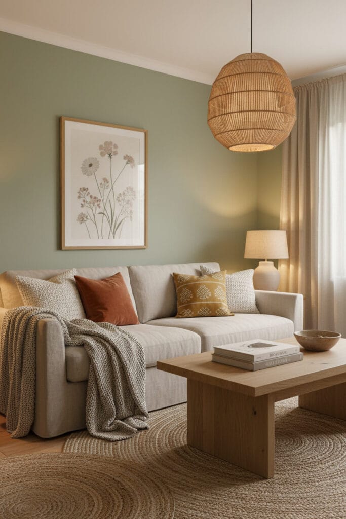 Salon campagne chic avec peinture murale vert sauge, canapé lin beige, table en chêne et textures naturelles en laine et rotin.