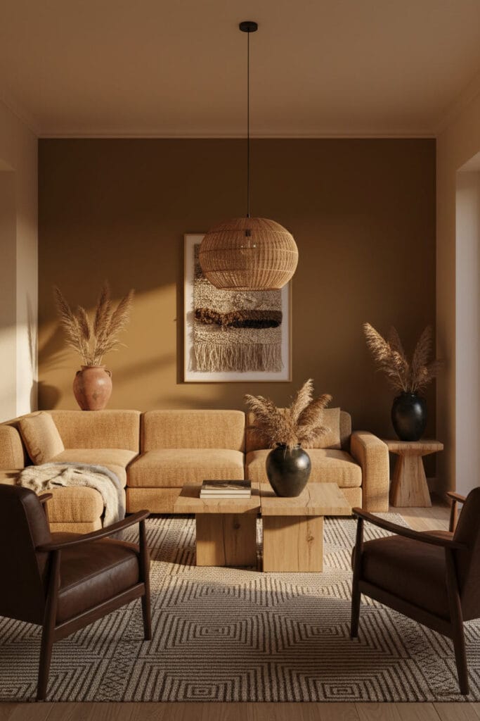Salon moderne du désert avec peinture murale ocre et sable, canapé camel, mobilier en bois brut et artisanat en rotin et céramique.