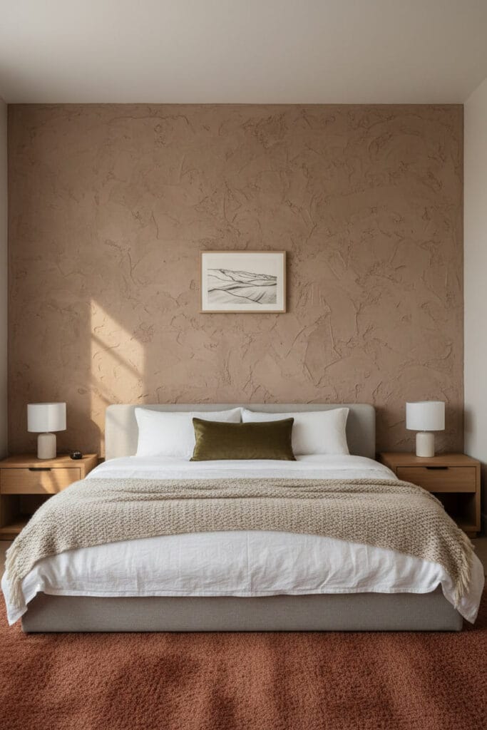 Chambre paisible avec mur texturé effet béton peint en taupe, lit à la tête de lit capitonnée, sol terracotta et éclairage doux.