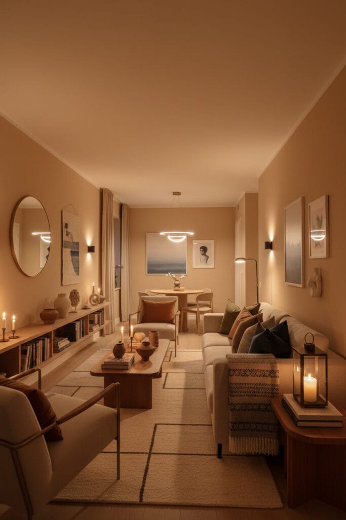 Salon moderne cosy avec couleurs peinture chaudes et décor mural harmonieux, vue sur couloir, ambiance soirée, suspension design et lumière tamisée.