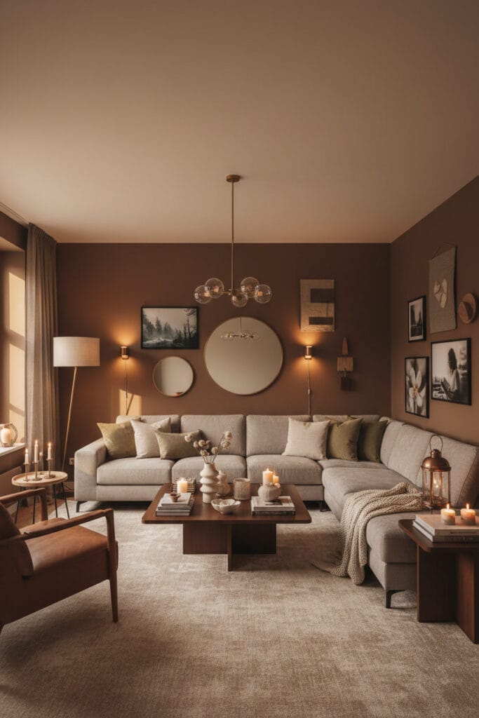 Grand salon moderne avec murs brun chaleureux, décoration harmonieuse et contrastes subtils, ambiance fin de journée