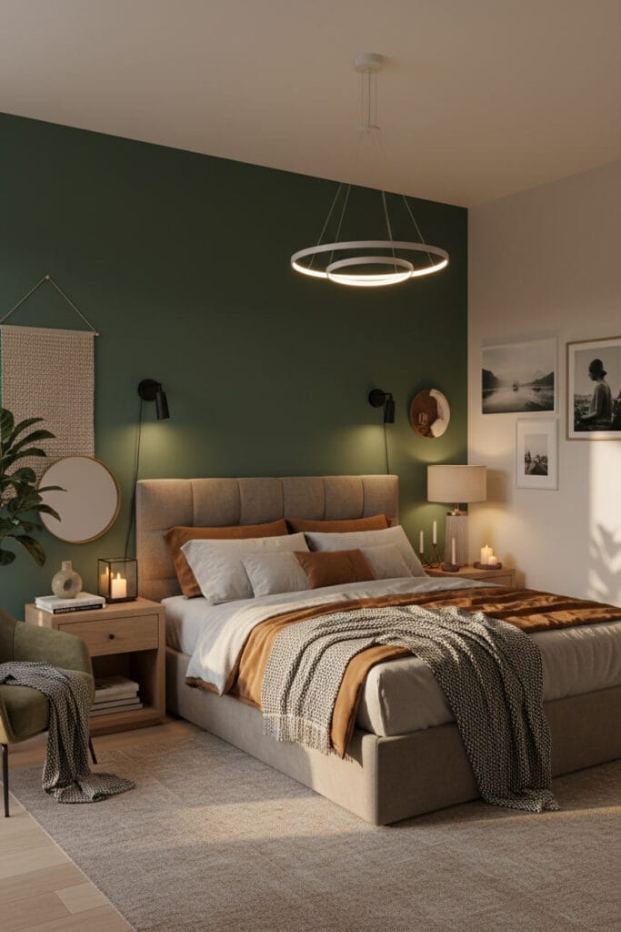 Chambre moderne cosy avec mur d’accent vert forêt, décoration élégante et harmonieuse, ambiance fin d’après-midi