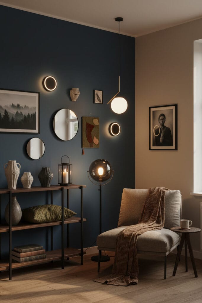 Coin salon moderne cosy avec mur bleu profond, mobilier bois foncé et métal noir, décoration harmonieuse et contrastes subtils, ambiance fin de journée