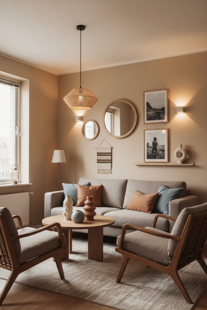 Petit salon moderne cosy avec murs couleur sable, mobilier en rotin et céramique, touches contrastantes harmonieuses