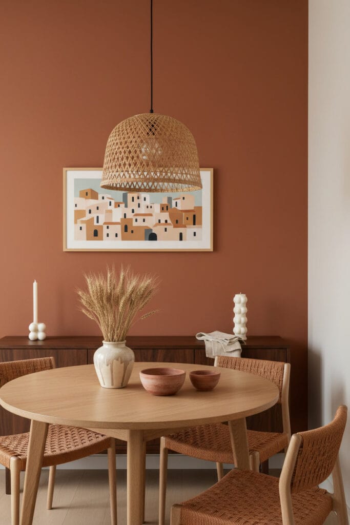 Coin repas chaleureux avec peinture murale terracotta, table en chêne, chaises tissées et éclairage en rotin.