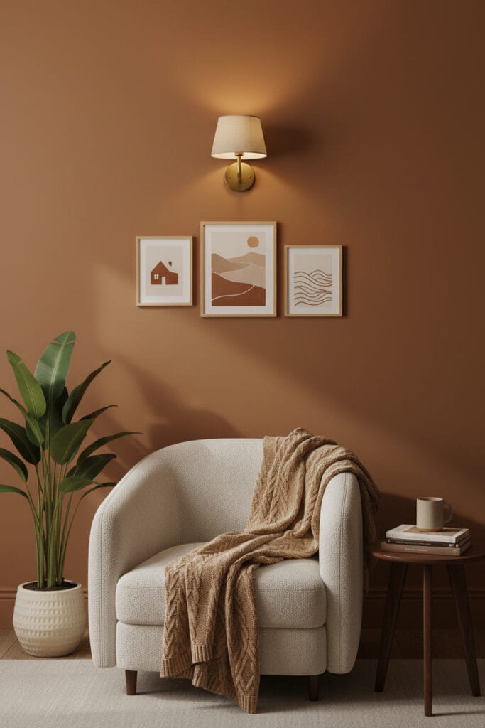 Coin salon cocooning avec peinture murale caramel, fauteuil bouclé, éclairage intimiste et galerie d'illustrations cosy.