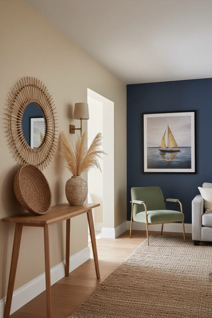 Entrée et salon avec association de peintures murales beige clair et bleu marine, console en chêne, miroir en rotin et fauteuil vert sauge.
