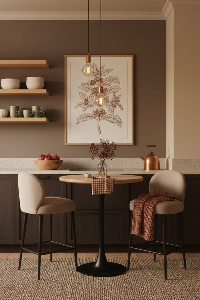 Cuisine industrielle douce avec peinture murale taupe en camaïeu, mobilier chocolat, étagères en chêne et touches de couleurs cosy orange brûlé, rouge brique et cuivre.