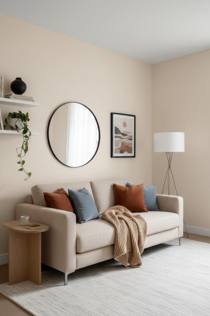 Petit salon de studio avec peinture murale beige doux, canapé clair, grand miroir rond et accents de couleurs cosy camel et bleu poussière.