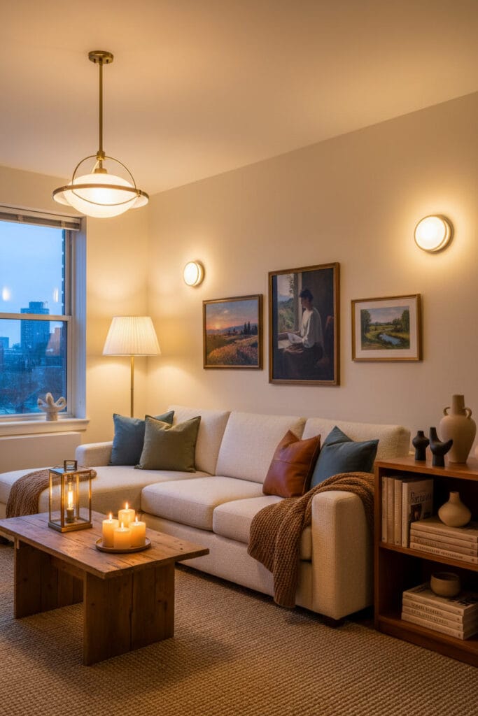 Petit salon cosy aux couleurs peinture chaudes, créant une ambiance lumineuse et chaleureuse malgré une exposition nord.