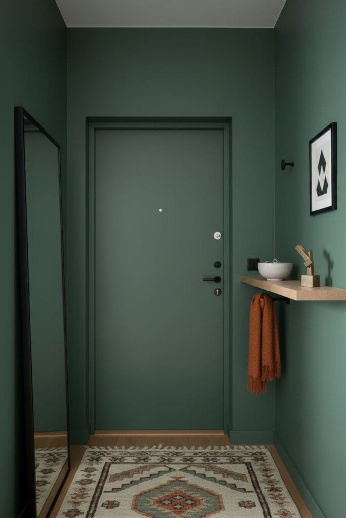 Entrée de studio équilibrée avec peinture murale vert forêt sur murs et porte, étagère latérale, miroir et tapis coloré.