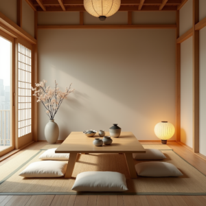Un intérieur cosy et épuré inspiré de la décoration japonaise, avec des éléments en bois naturel, un tatami, des shoji et une lumière tamisée pour une ambiance harmonieuse et minimaliste.
