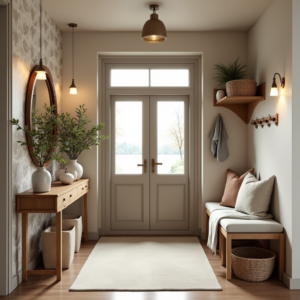 Un aménagement entrée chaleureux et fonctionnel avec une console élégante, un banc avec rangement et un éclairage cosy, créant un espace pratique et accueillant.