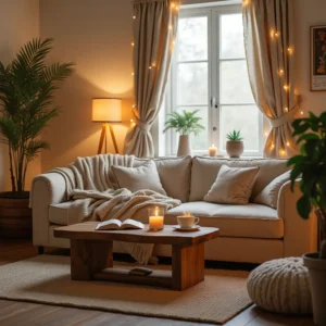 Salon chaleureux et apaisant avec un éclairage tamisé, un canapé enveloppant et des matières naturelles, parfait pour une ambiance deco cocoon.