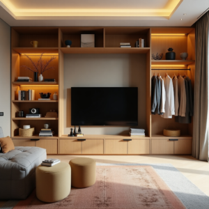 Appartement cosy avec un meuble de rangement en bois, des étagères murales et un meuble TV avec rangements intégrés, offrant une organisation fonctionnelle et une ambiance chaleureuse.