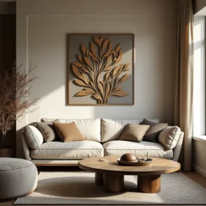 Décoration Murale Métal élégante dans un salon cosy, avec une composition en métal au-dessus du canapé, jouant sur les ombres et la lumière pour une ambiance chaleureuse et tendance.
