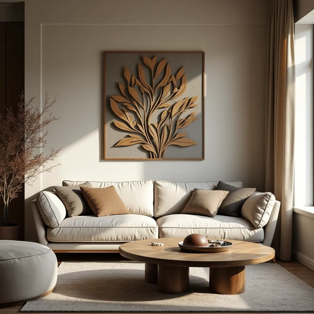 Décoration Murale Métal élégante dans un salon cosy, avec une composition en métal au-dessus du canapé, jouant sur les ombres et la lumière pour une ambiance chaleureuse et tendance.