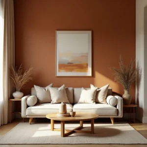 Un salon cosy aux tons chaleureux mettant en valeur la couleur peinture, avec un mur texturé beige-terracotta, un canapé confortable et une ambiance harmonieuse.