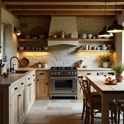Cuisine rustique avec bois patiné, étagères ouvertes et éclairage chaleureux pour une ambiance authentique.