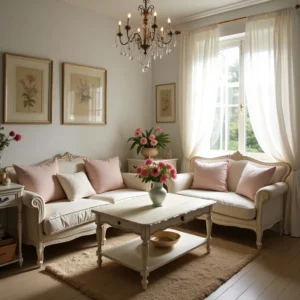 Intérieur Shabby Chic avec meubles patinés, teintes pastel et ambiance romantique
