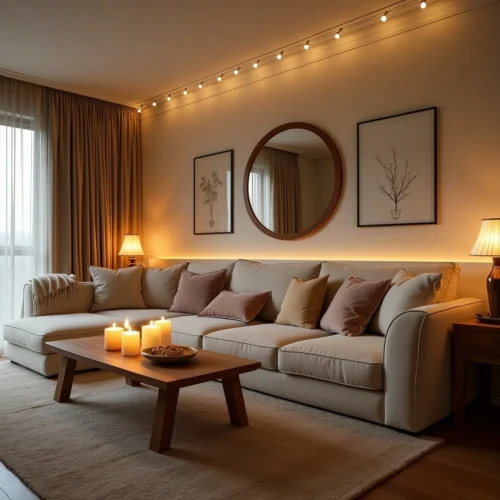 Salon cosy et chaleureux avec éclairage doux, textiles moelleux et touches naturelles créant une atmosphère accueillante et élégante.