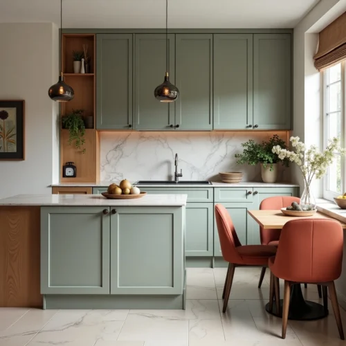 Peinture cuisine cosy et élégante avec des nuances douces et audacieuses, intégrant bois et marbre pour une ambiance chaleureuse et harmonieuse.