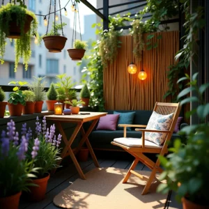 Un balcon cosy transformé en un véritable espace de décoration jardin, avec des plantes suspendues, un mobilier pliable en bois et une ambiance chaleureuse créée par des guirlandes lumineuses et des lanternes.