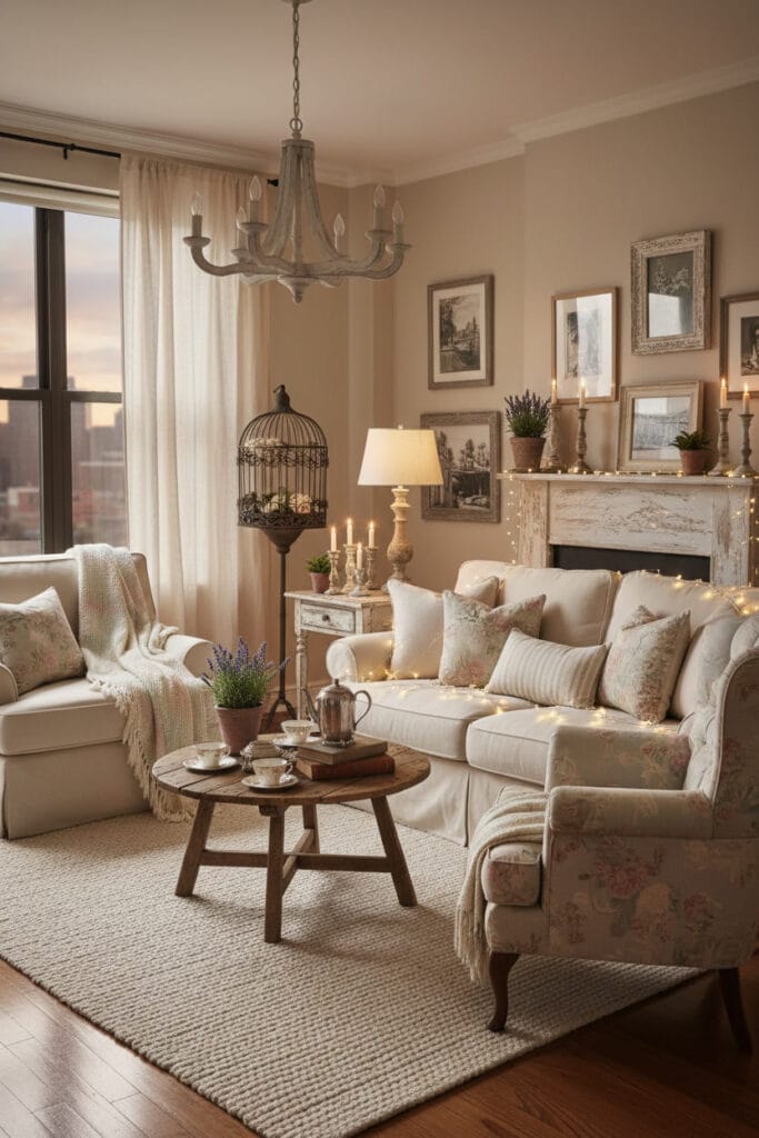 Salon Shabby Chic chaleureux en soirée, canapé en lin avec coussins fleuris, table basse en bois patiné, tapis aux teintes douces, murs décorés avec équilibre, luminaires métal vieilli et lampes sur pieds en bois, lumière tamisée.